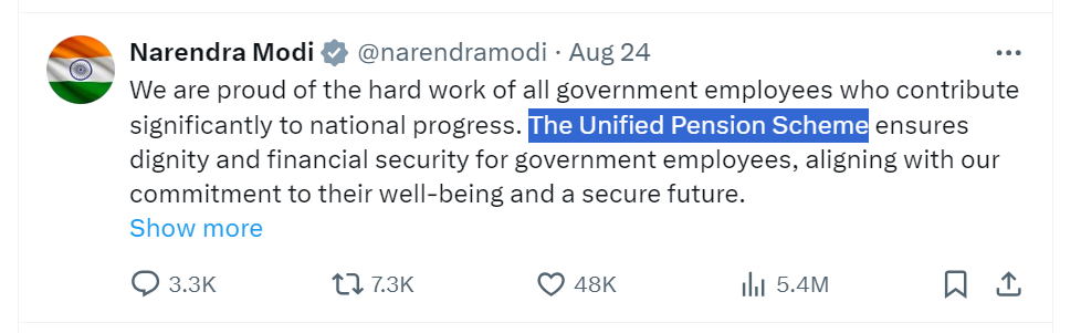 Unified Pension Scheme UPS announcement tweet in English